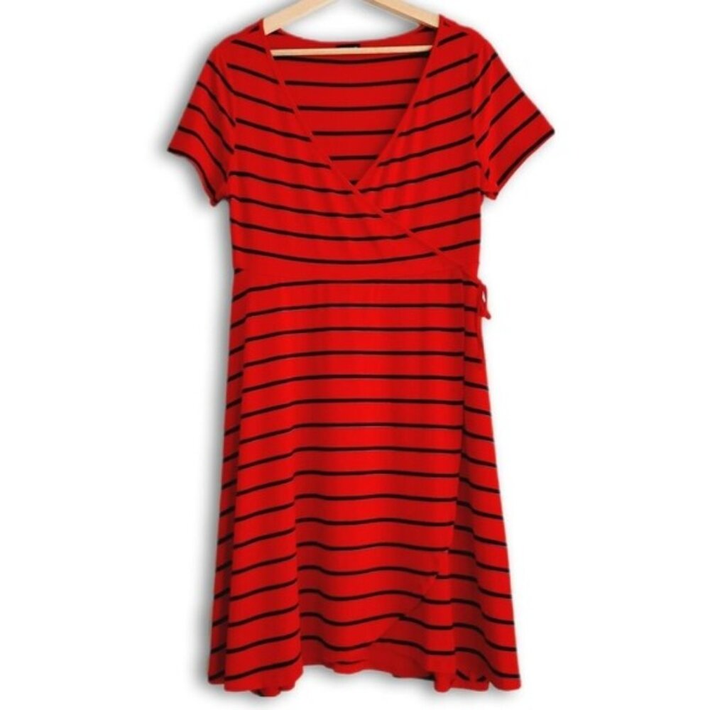 TORRID \ Faux Wrap Knee Length Midi Dress Stretch Jersey Knit Stripe Red Blue M